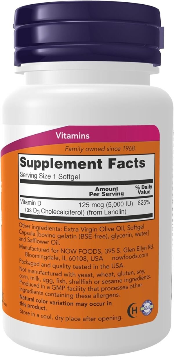 NOW Supplements, Vitamin D-3 5,000 IU,High potency, Structural Support*, 240 Softgels