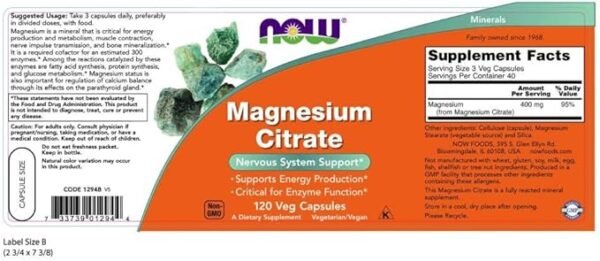 NOW Supplements, Magnesium Citrate, Enzyme Function*, Nervous System Support*, 120 Veg Capsules